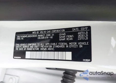 2017 Volvo S60 T5 Dynamic z USA, uszkodzony, nr VIN YV140MTL6H2439325